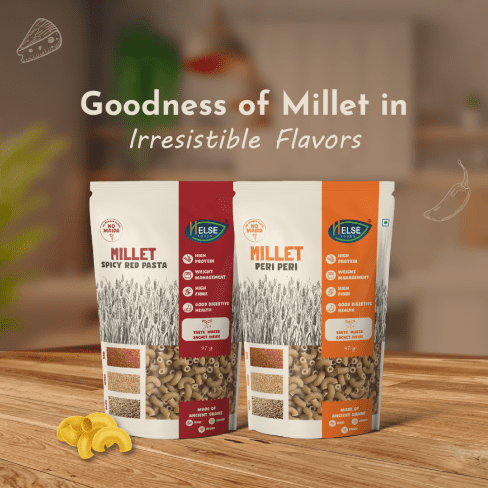 Macaroni Millet Pasta - Spicy Red and Peri Peri flavours by Helse Foods- 488x488px Macaroni Millet Pasta Flavours Packaging by Helse Foods- Spicy Red and Peri Peri on the table with some Macaroni