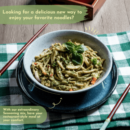 Millet Green Thai Curry Noodles-450x450px-New Millet Cooked Noodles with Green Thai Curry flavour in a Blue Bowl on a Table with Chop sticks