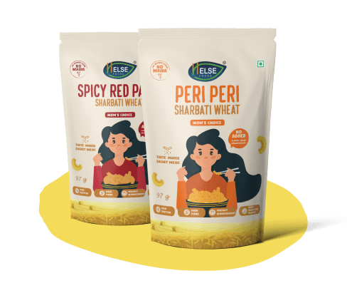 Wheat Macaroni Pasta Flavours by Helse Foods - 488x404px Macaroni Wheat Pasta - Spicy Red and Peri Peri Flavours in their packaging by Helse Foods